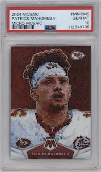 Patrick Mahomes II from the 2024 Panini Mosaic set graded by PSA and given an overall grade of 10.