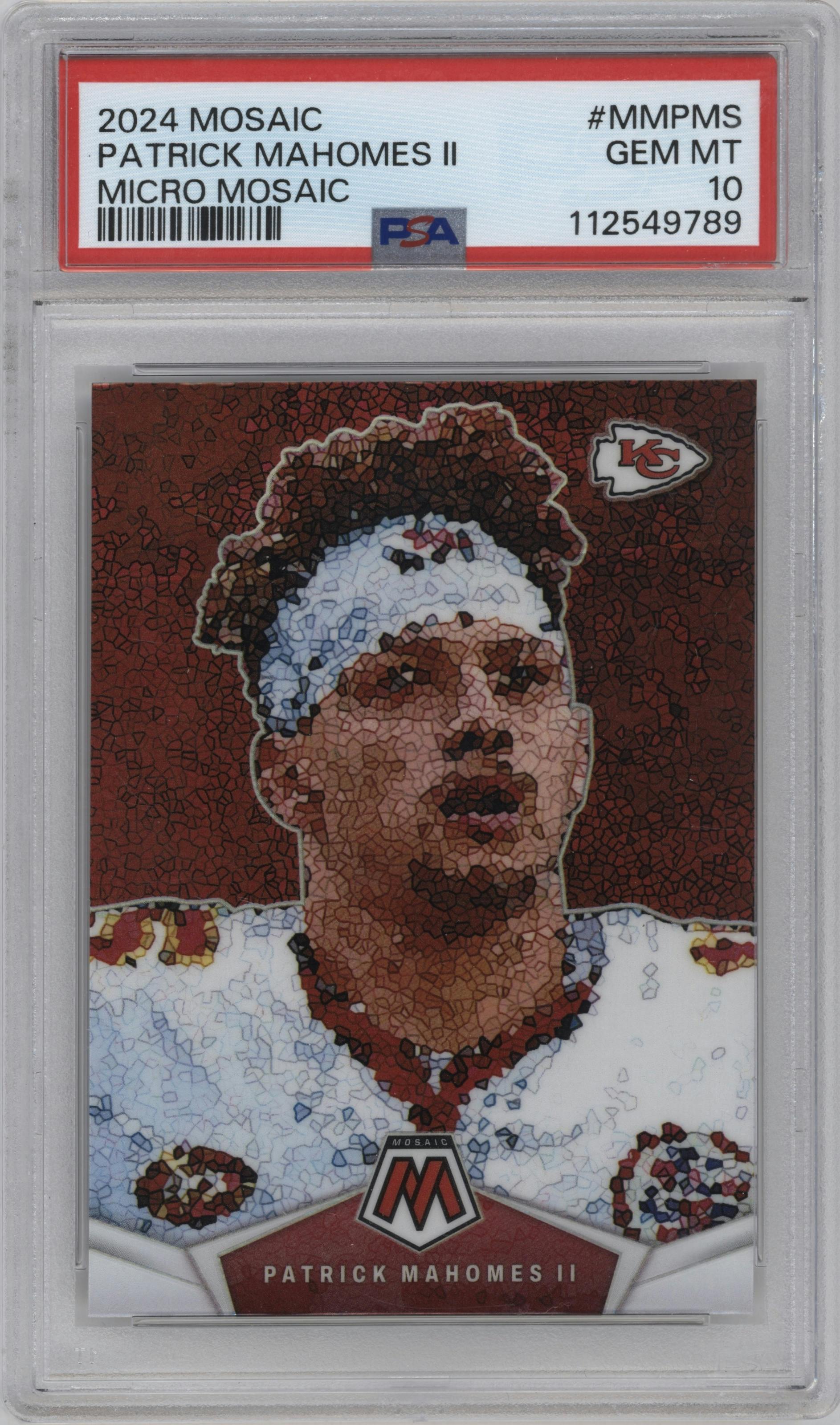 Patrick Mahomes II from the 2024 Panini Mosaic set graded by PSA and given an overall grade of 10.