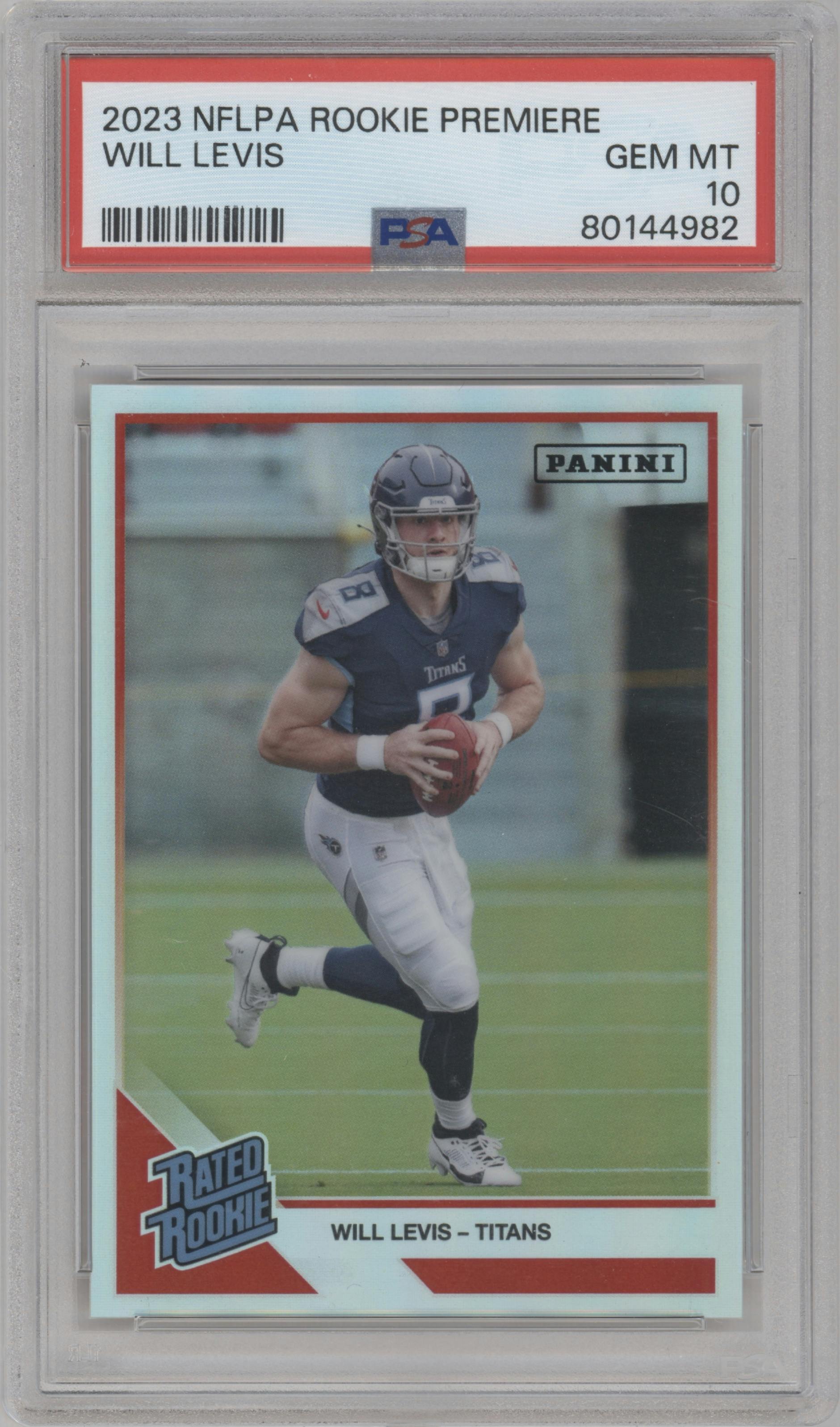 Will Levis from the 2023 Panini NFLPA Rookie Premiere set graded by PSA and given an overall grade of 10.