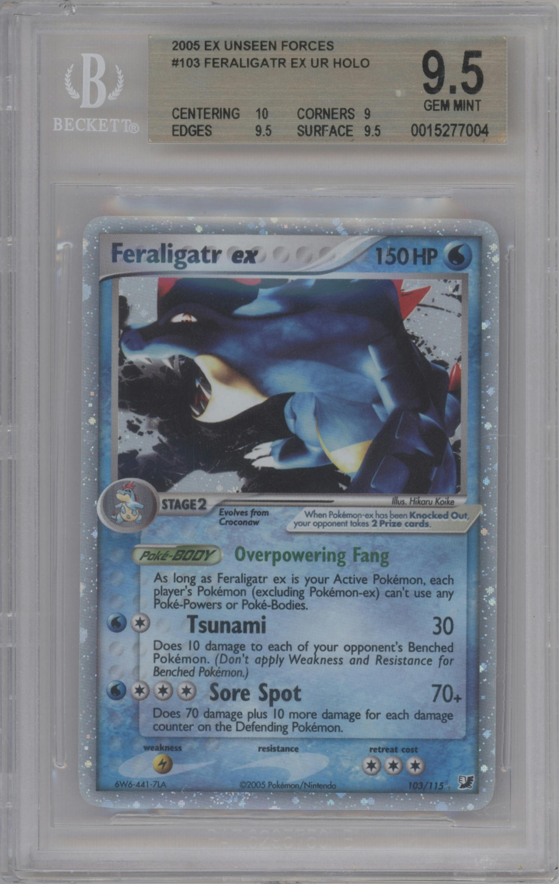 Feraligatr ex from the 2005 Pokemon EX set graded by Beckett and given an overall grade of 9.5.