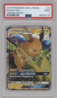 Raichu GX from the 2019 Pokemon S&M  set graded by PSA and given an overall grade of 9.