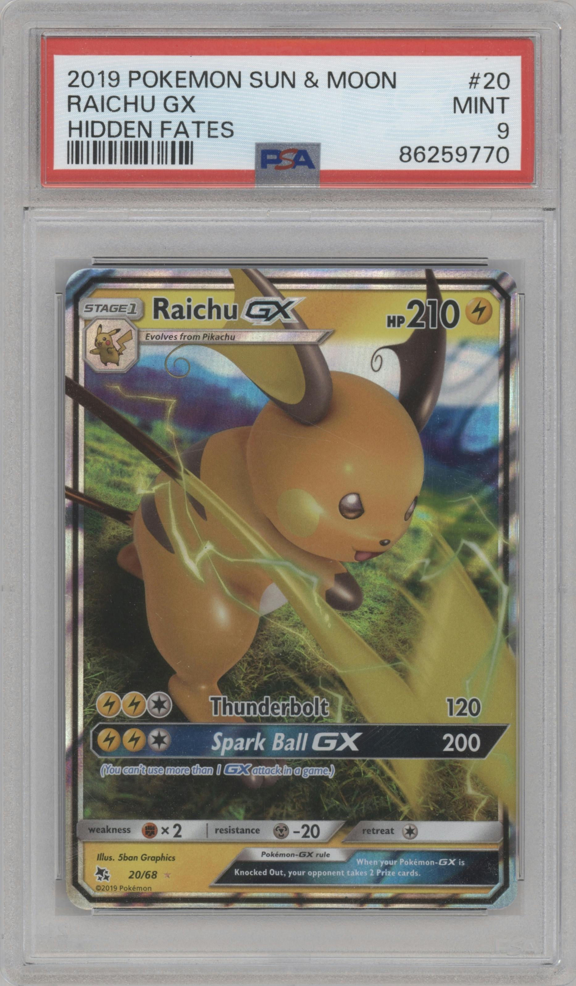 Raichu GX from the 2019 Pokemon S&M  set graded by PSA and given an overall grade of 9.