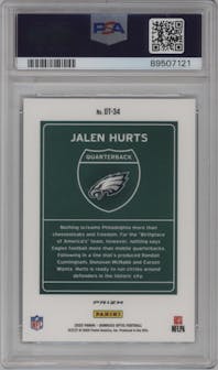 Jalen Hurts from the 2020 Panini Donruss Optic set graded by PSA and given an overall grade of 9.