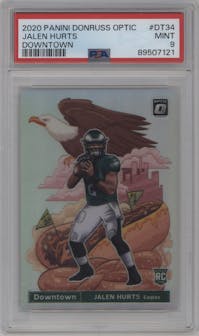 Jalen Hurts from the 2020 Panini Donruss Optic set graded by PSA and given an overall grade of 9.