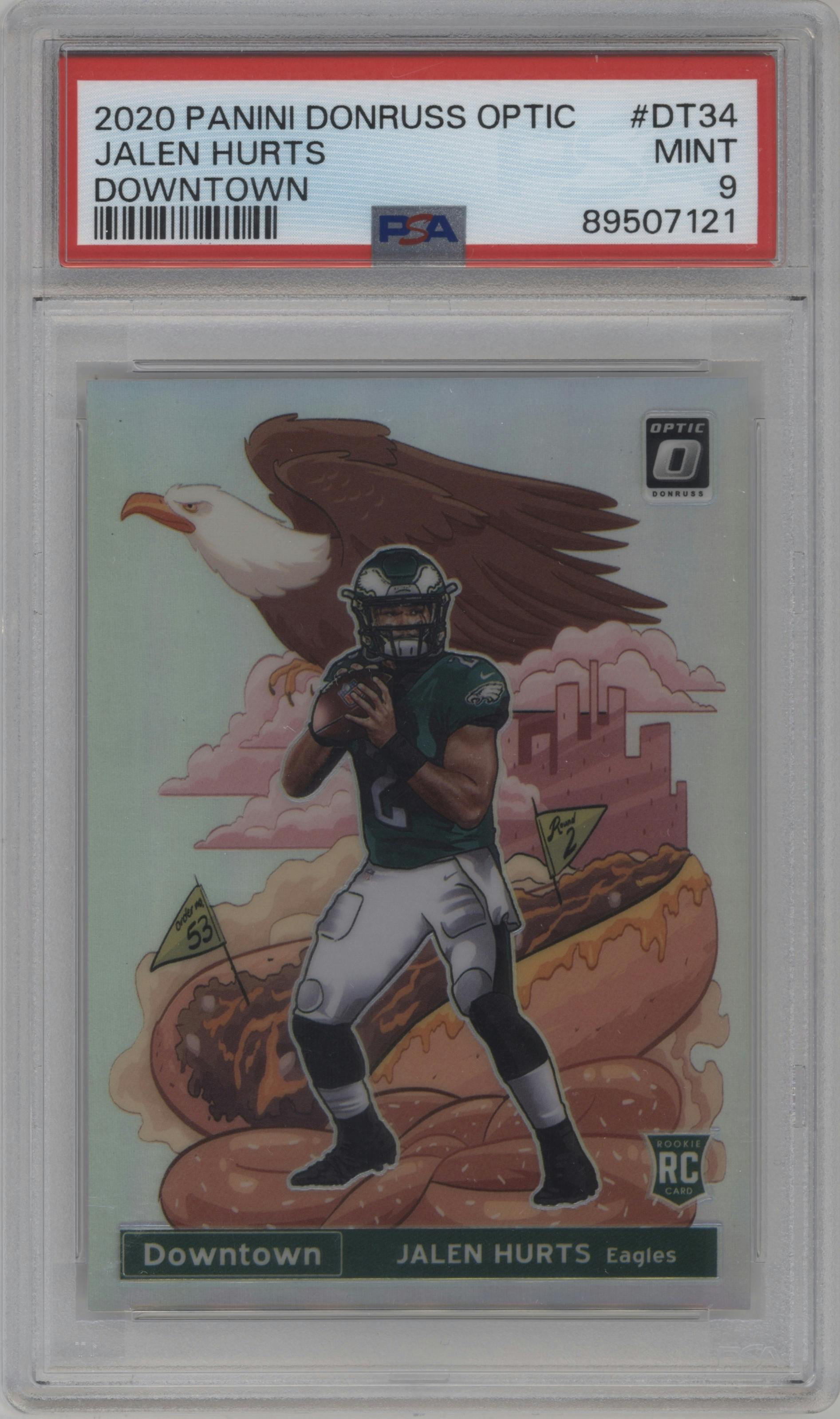 Jalen Hurts from the 2020 Panini Donruss Optic set graded by PSA and given an overall grade of 9.