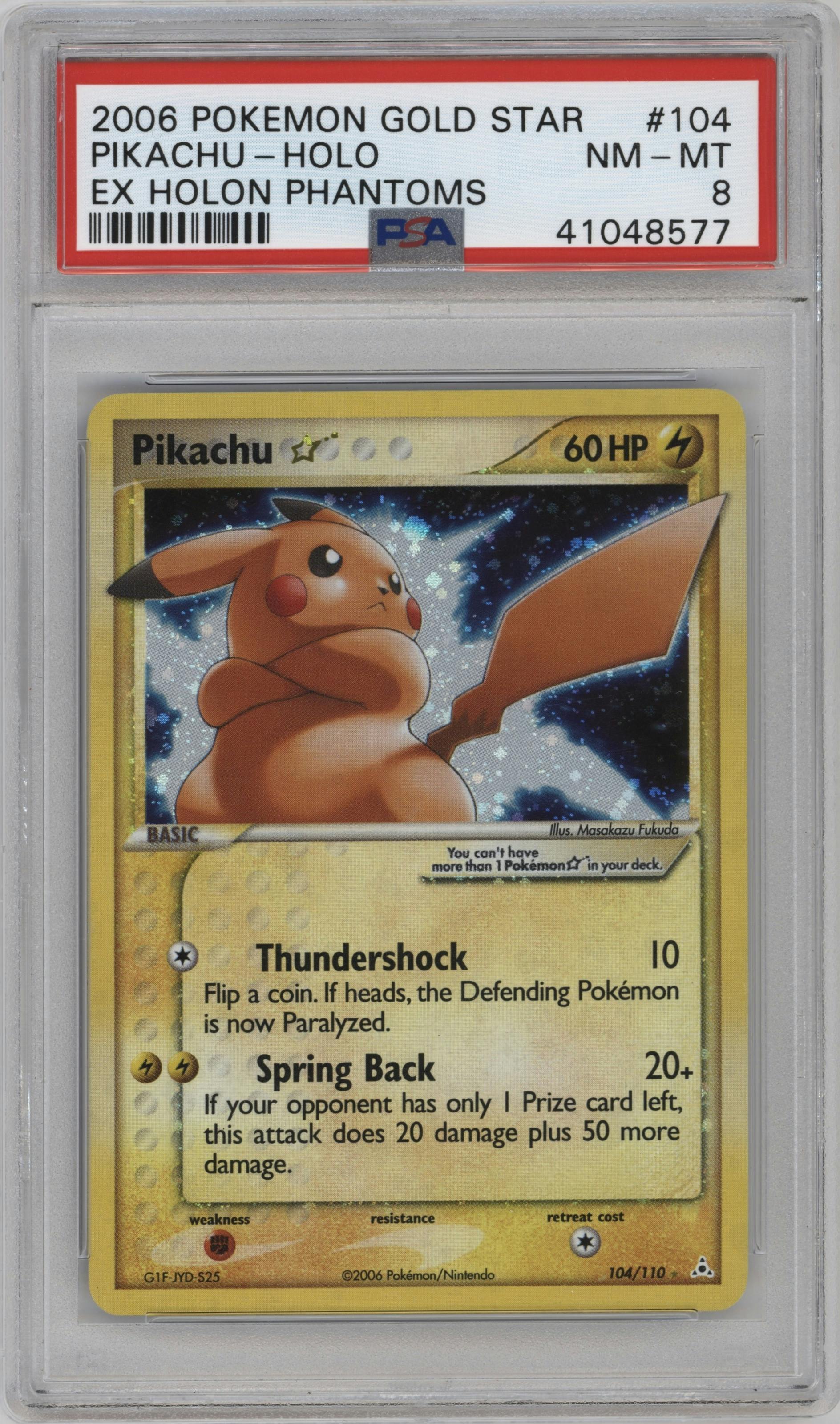 Pikachu Gold Star from the 2006 Pokemon EX set graded by PSA and given an overall grade of 8.