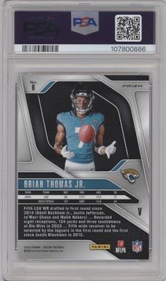 Brian Thomas Jr. from the 2024 Panini Prizm set graded by PSA and given an overall grade of 10.
