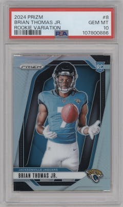 Brian Thomas Jr. from the 2024 Panini Prizm set graded by PSA and given an overall grade of 10.