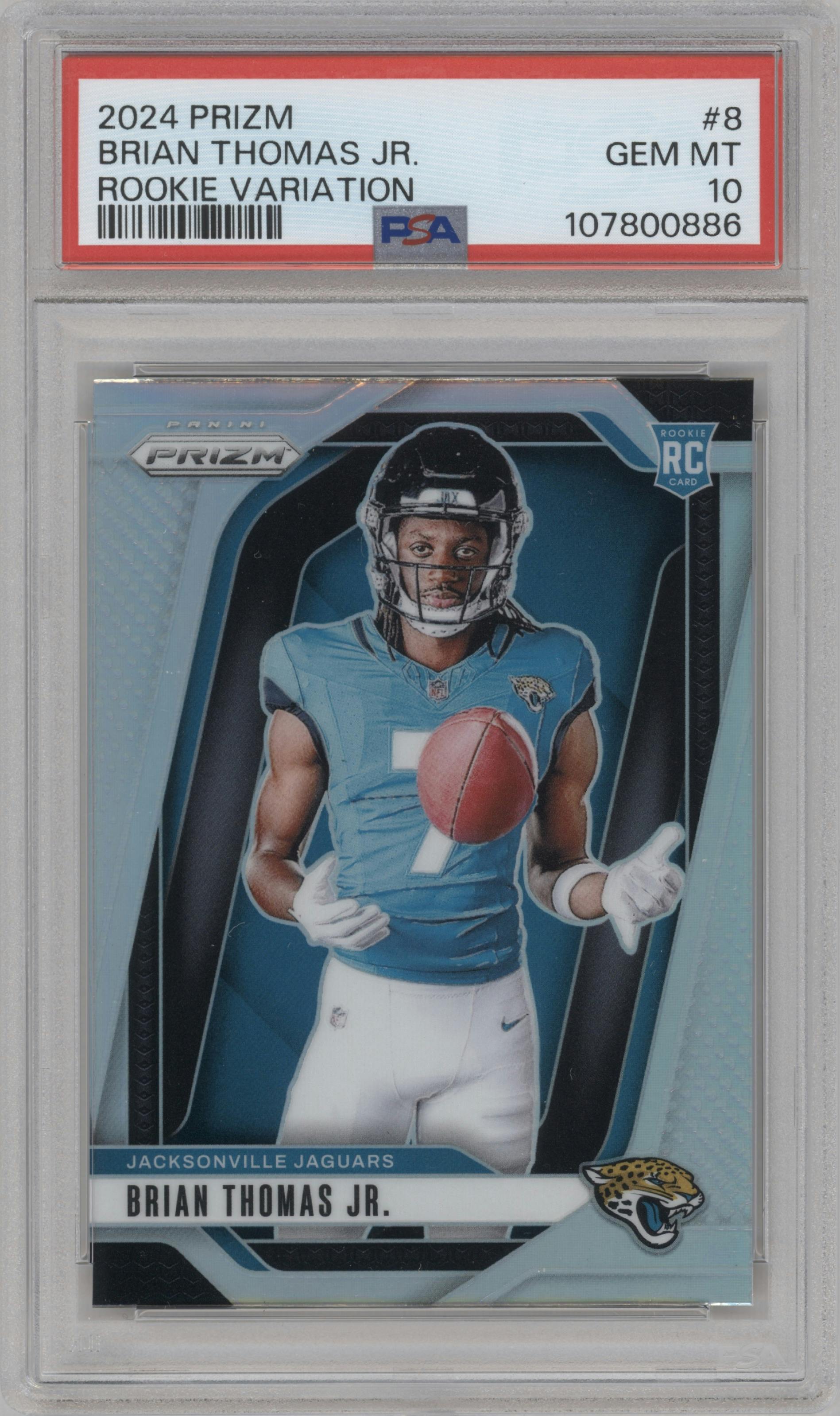 Brian Thomas Jr. from the 2024 Panini Prizm set graded by PSA and given an overall grade of 10.