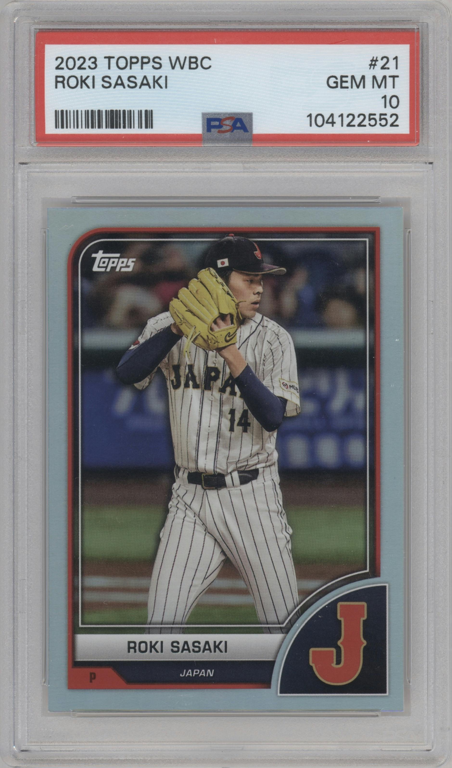 Roki Sasaki from the 2023 Topps World Baseball Classic set graded by PSA and given an overall grade of 10.
