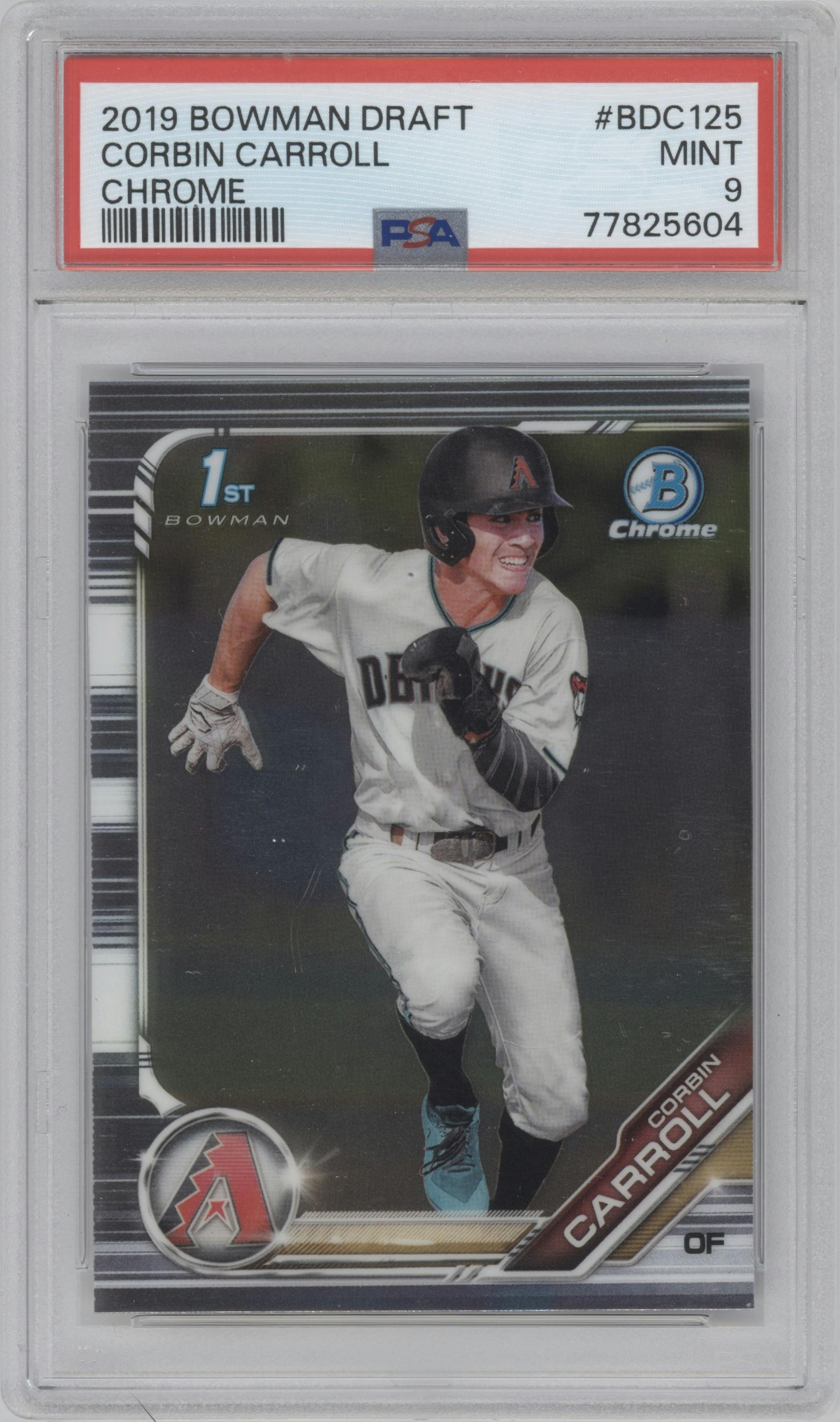 Corbin Carroll from the 2019 Bowman Draft set graded by PSA and given an overall grade of 9.