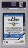 J.J. McCarthy from the 2024 Donruss Optic set featuring a Purple Shock parallel graded by PSA and given an overall grade of 9.