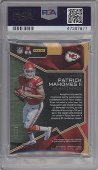 Patrick Mahomes II from the 2017 Panini Spectra set featuring a Neon Blue parallel graded by PSA and given an overall grade of 8.