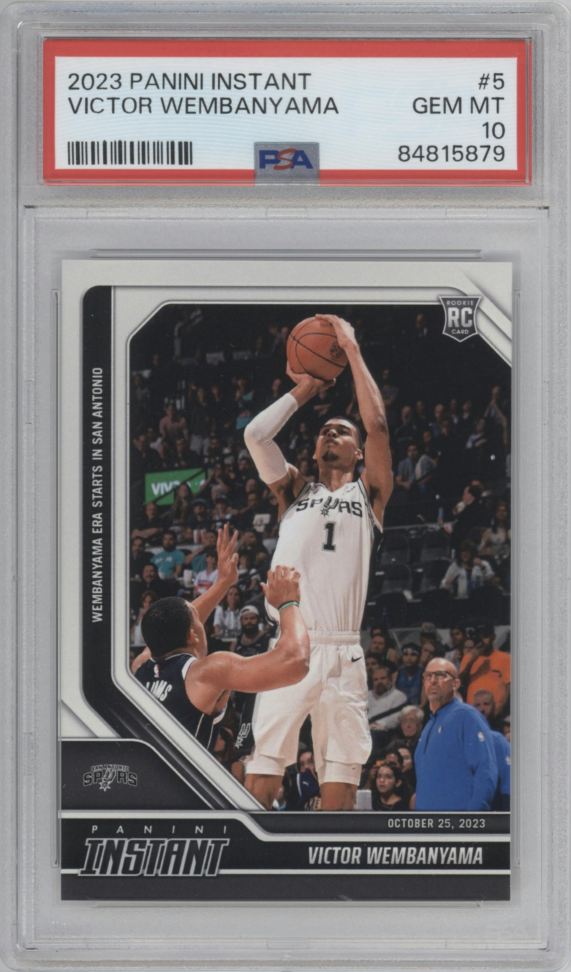 Victor Wembanyama from the 2023-24 Panini Instant NBA set graded by PSA and given an overall grade of 10.