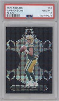 Jordan Love from the 2024 Panini Mosaic set featuring a Black Mosaic parallel graded by PSA and given an overall grade of 10.