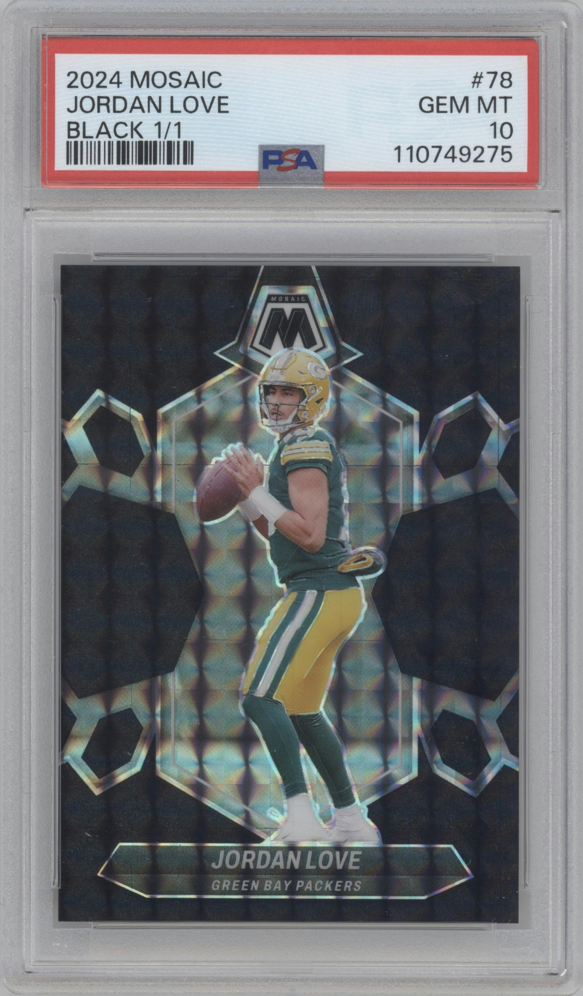 Jordan Love from the 2024 Panini Mosaic set featuring a Black Mosaic parallel graded by PSA and given an overall grade of 10.