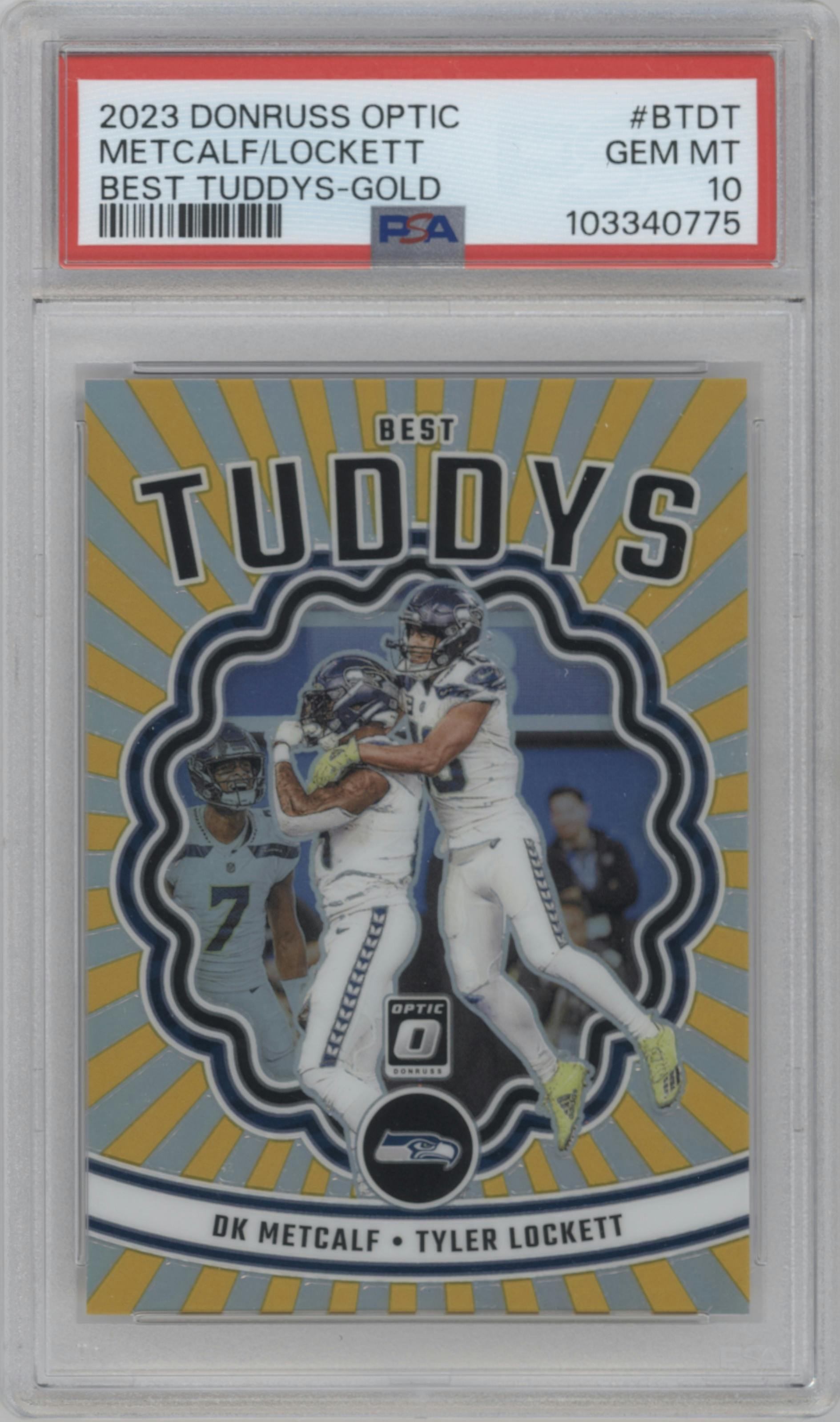 DK Metcalf/Tyler Lockett from the 2023 Donruss Optic set featuring a Gold parallel graded by PSA and given an overall grade of 10.