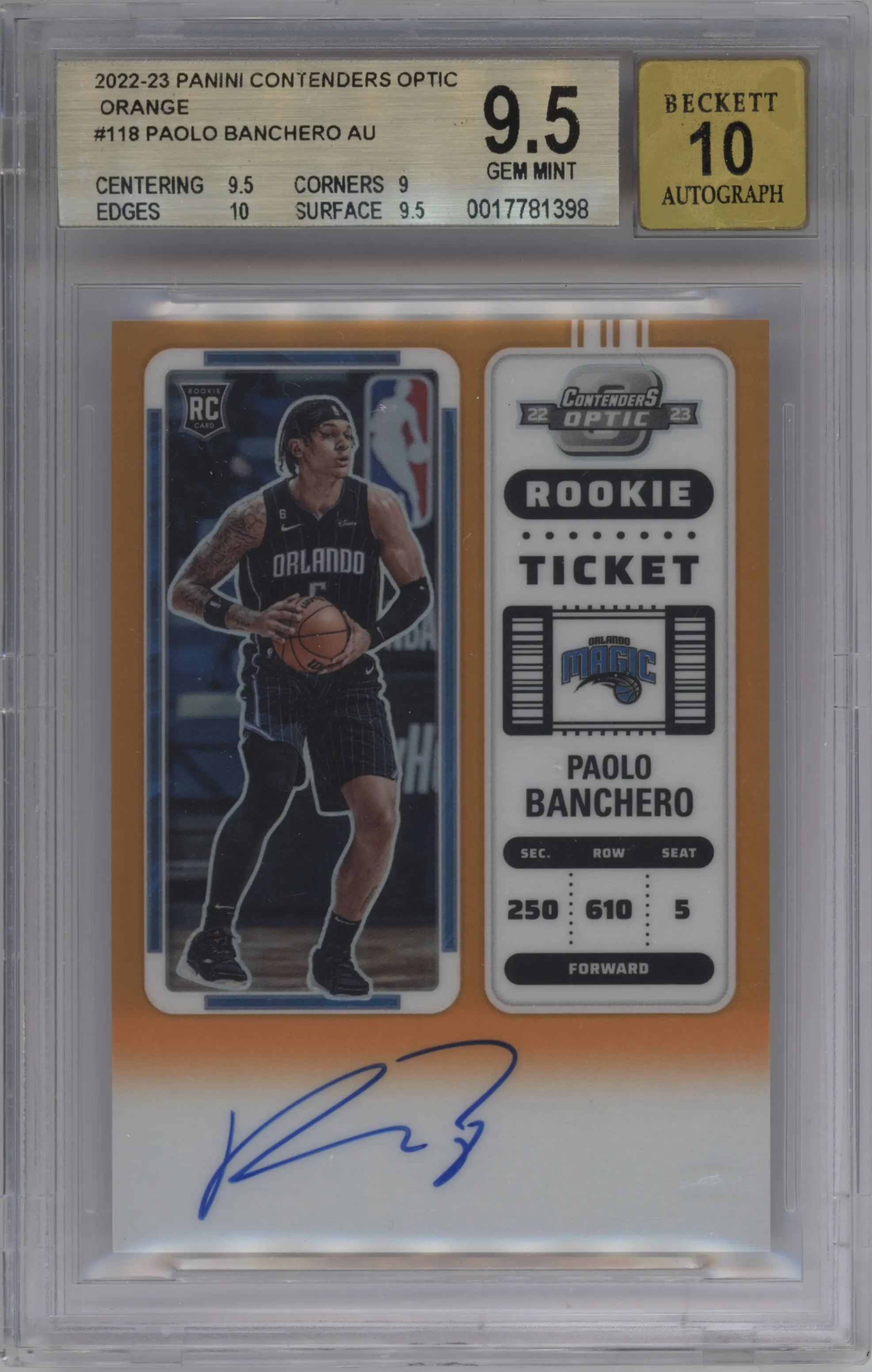 2022 Panini Contenders Optic Rke.Tkt.Auto Paolo Banchero Orange BGS 9.5