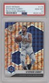 Stephen Curry from the 2020-21 Panini Mosaic set featuring a Reactive Orange parallel graded by PSA and given an overall grade of 10.