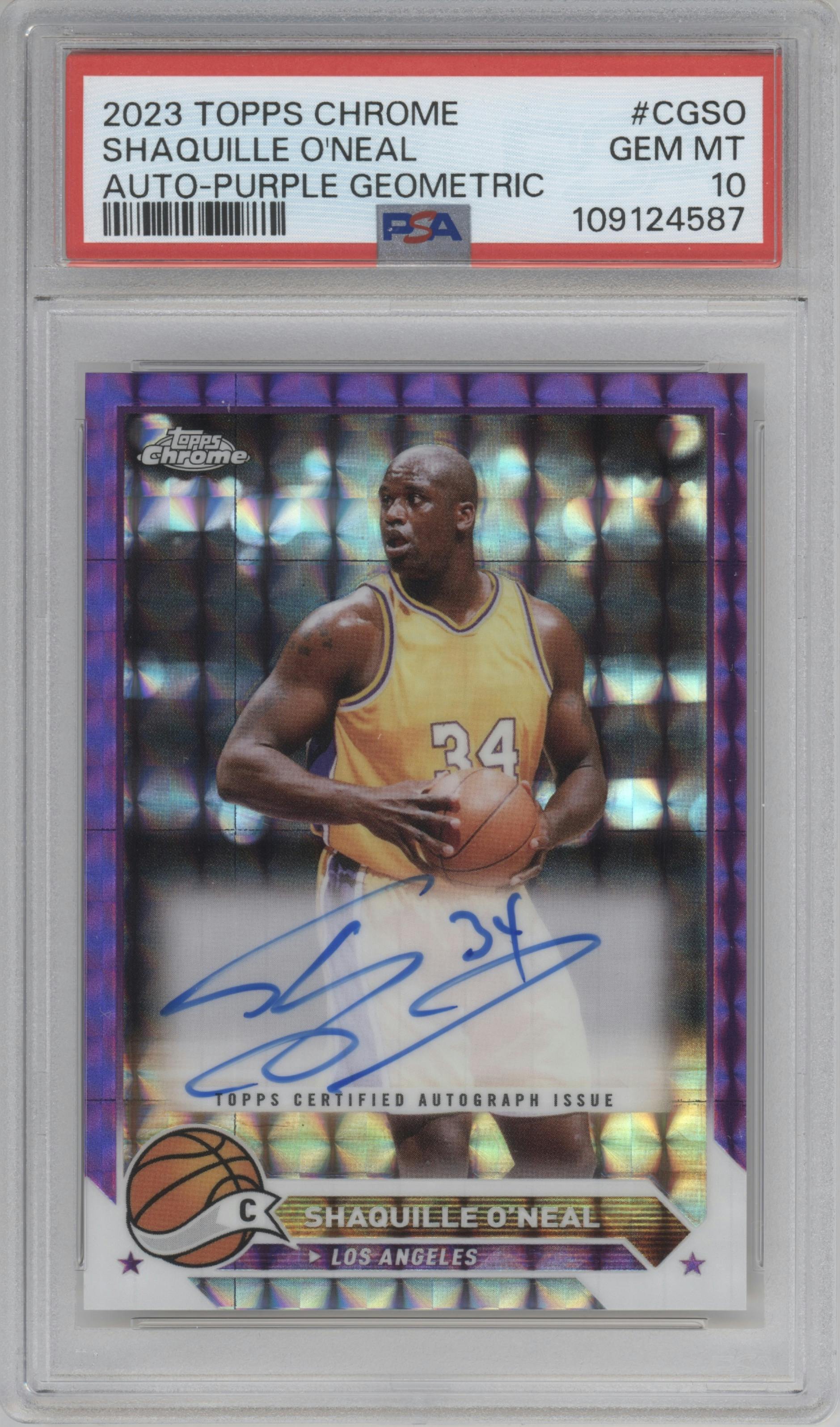 Shaquille O'Neal from the 2023-24 Topps Chrome set featuring a Purple Geometric parallel graded by PSA and given an overall grade of 10.