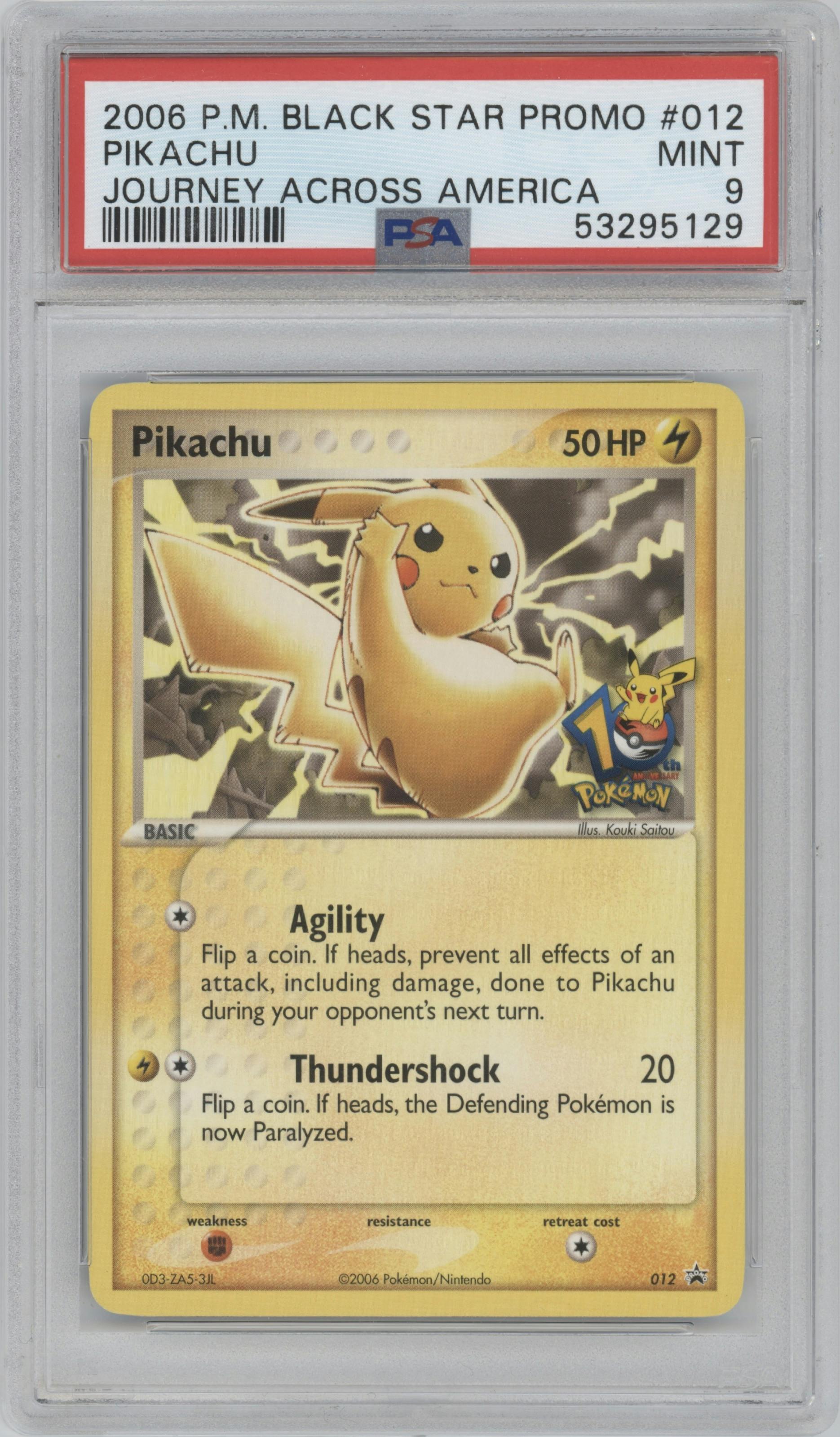 Pikachu from the 2006 Pokemon set featuring a 10th Anniversary Journey Across America parallel graded by PSA and given an overall grade of 9.