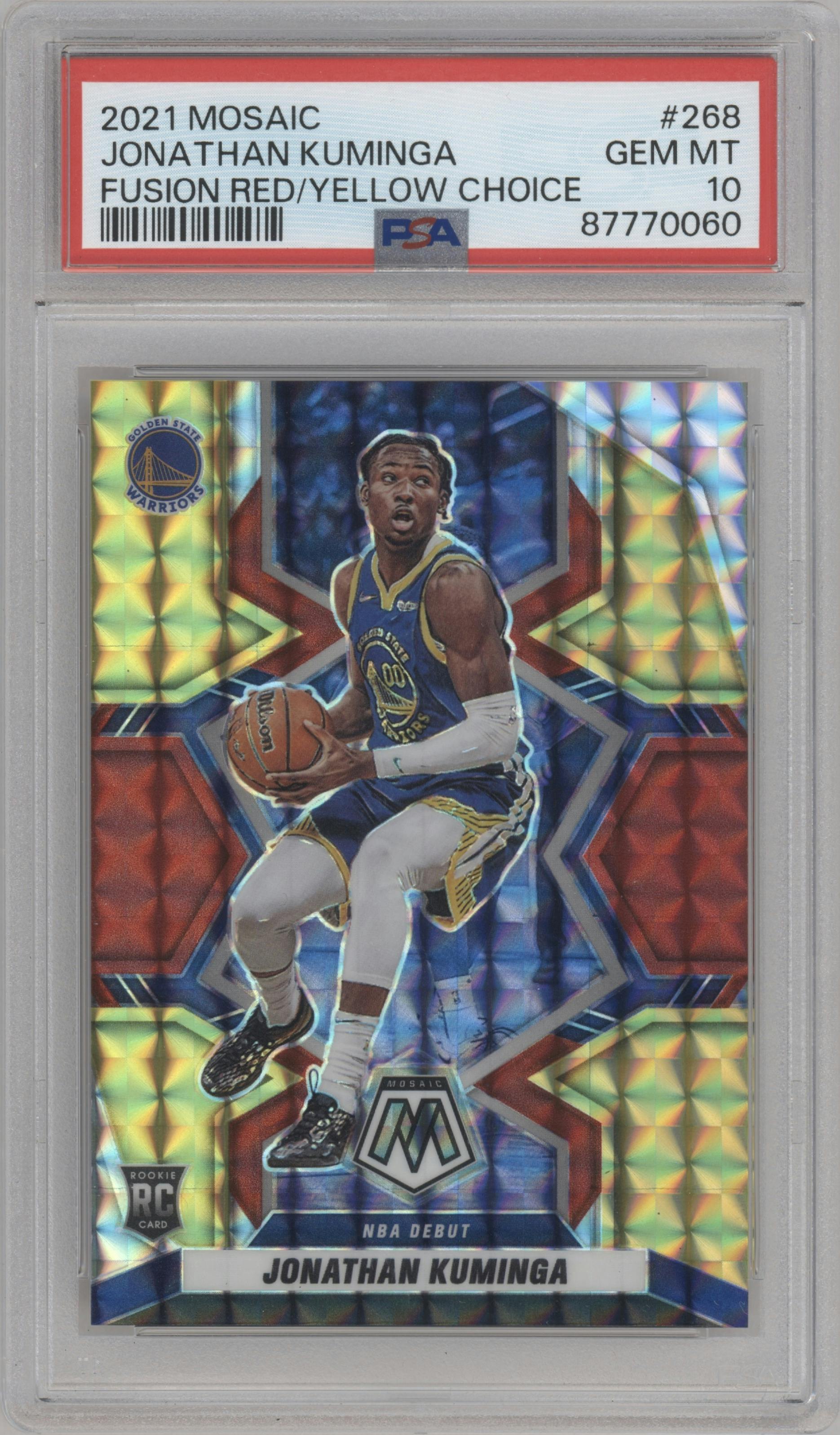 Jonathan Kuminga from the 2021-22 Panini Mosaic  set featuring a Choice Fusion Red & Yellow parallel graded by PSA and given an overall grade of 10.