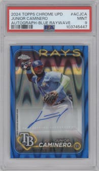 Junior Caminero from the 2024 Topps Chrome Update set featuring a Blue RayWave Refractor parallel graded by PSA and given an overall grade of 9.