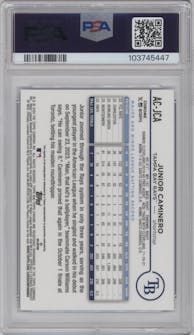 Junior Caminero from the 2024 Topps Chrome Update set featuring a Blue RayWave Refractor parallel graded by PSA and given an overall grade of 9.