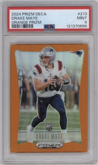 Drake Maye from the 2024 Panini Prizm Deca set featuring a Orange Prizm parallel graded by PSA and given an overall grade of 9.