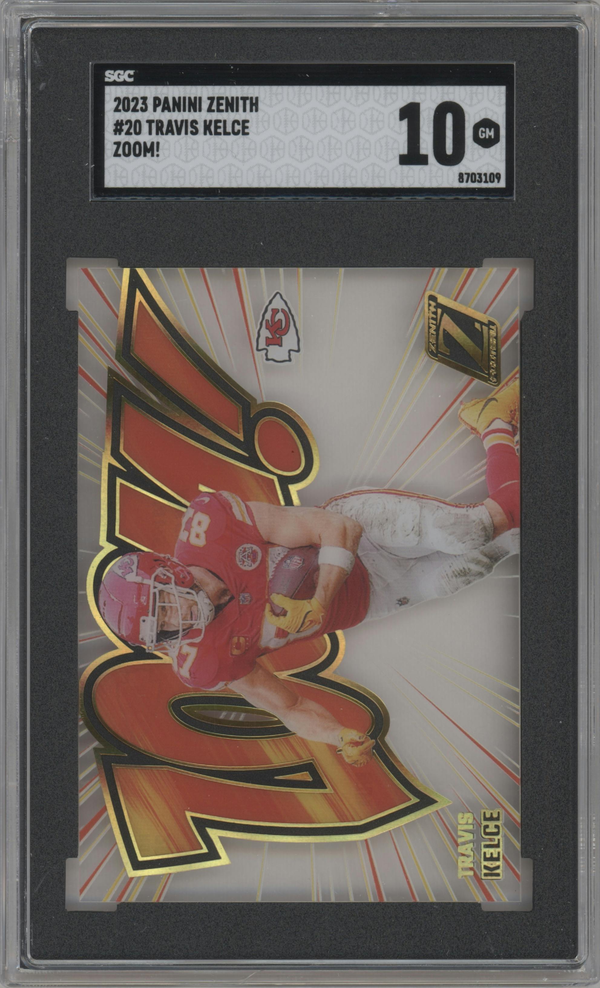Travis Kelce from the 2023 Panini Zenith set graded by SGC and given an overall grade of 10.