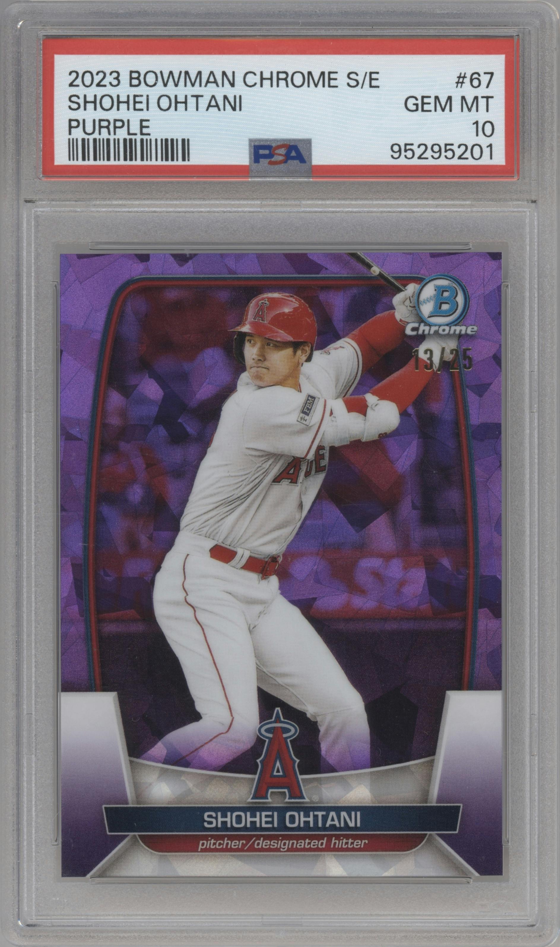 Shohei Ohtani from the 2023 Bowman Chrome Sapphire Edition set featuring a Purple parallel graded by PSA and given an overall grade of 10.