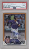Nolan Jones from the 2023 Topps Chrome set featuring a Orange Refractor parallel graded by PSA and given an overall grade of 9.