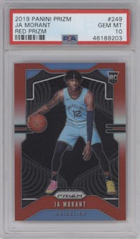 Ja Morant from the 2019-20 Panini Prizm set featuring a Red Prizm parallel graded by PSA and given an overall grade of 10.