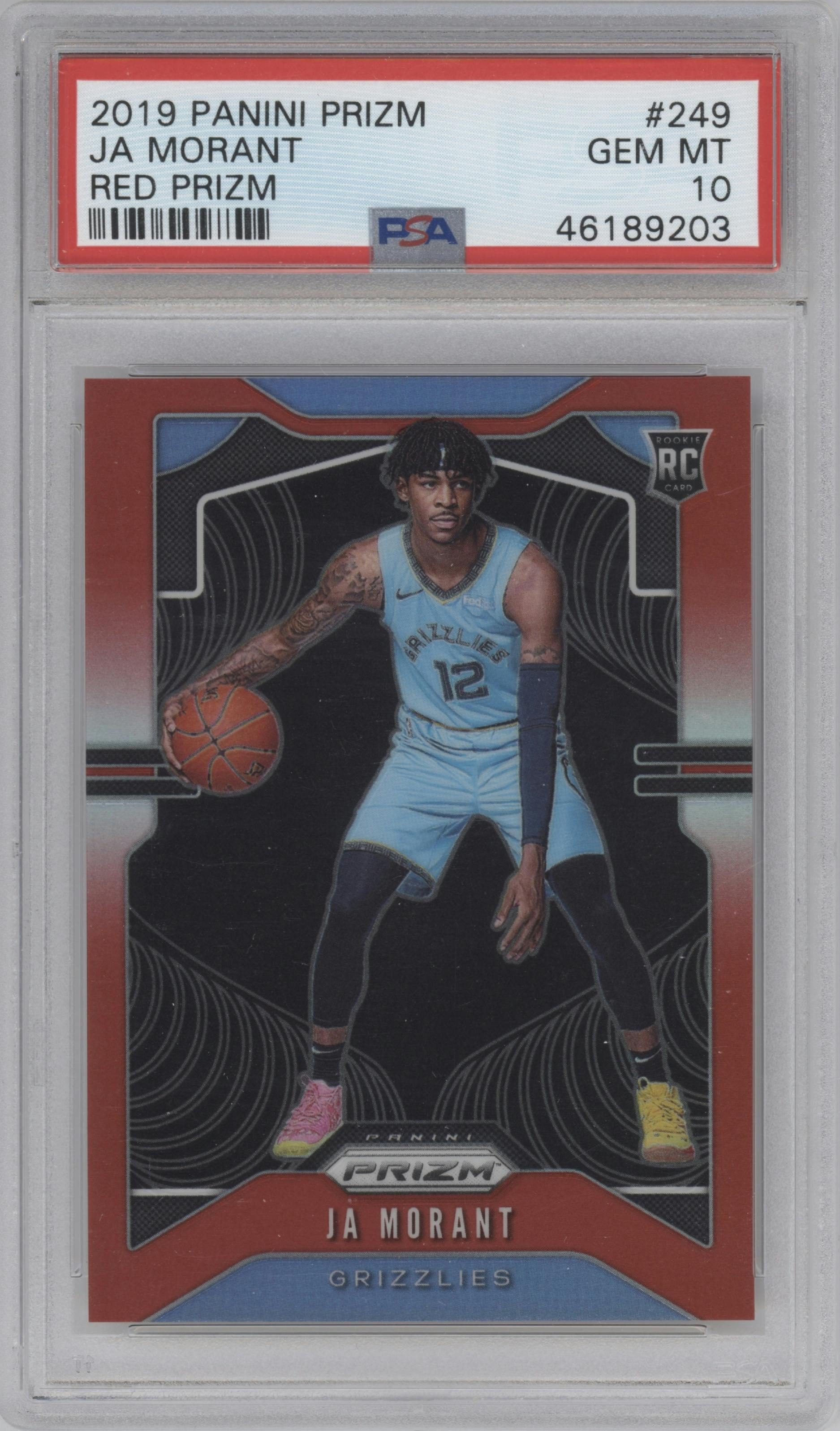 Ja Morant from the 2019-20 Panini Prizm set featuring a Red Prizm parallel graded by PSA and given an overall grade of 10.