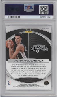 Victor Wembanyama from the 2023-24 Panini Prizm set featuring a Silver Prizm parallel graded by PSA and given an overall grade of 9.