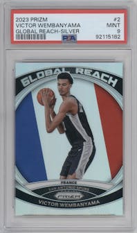 Victor Wembanyama from the 2023-24 Panini Prizm set featuring a Silver Prizm parallel graded by PSA and given an overall grade of 9.