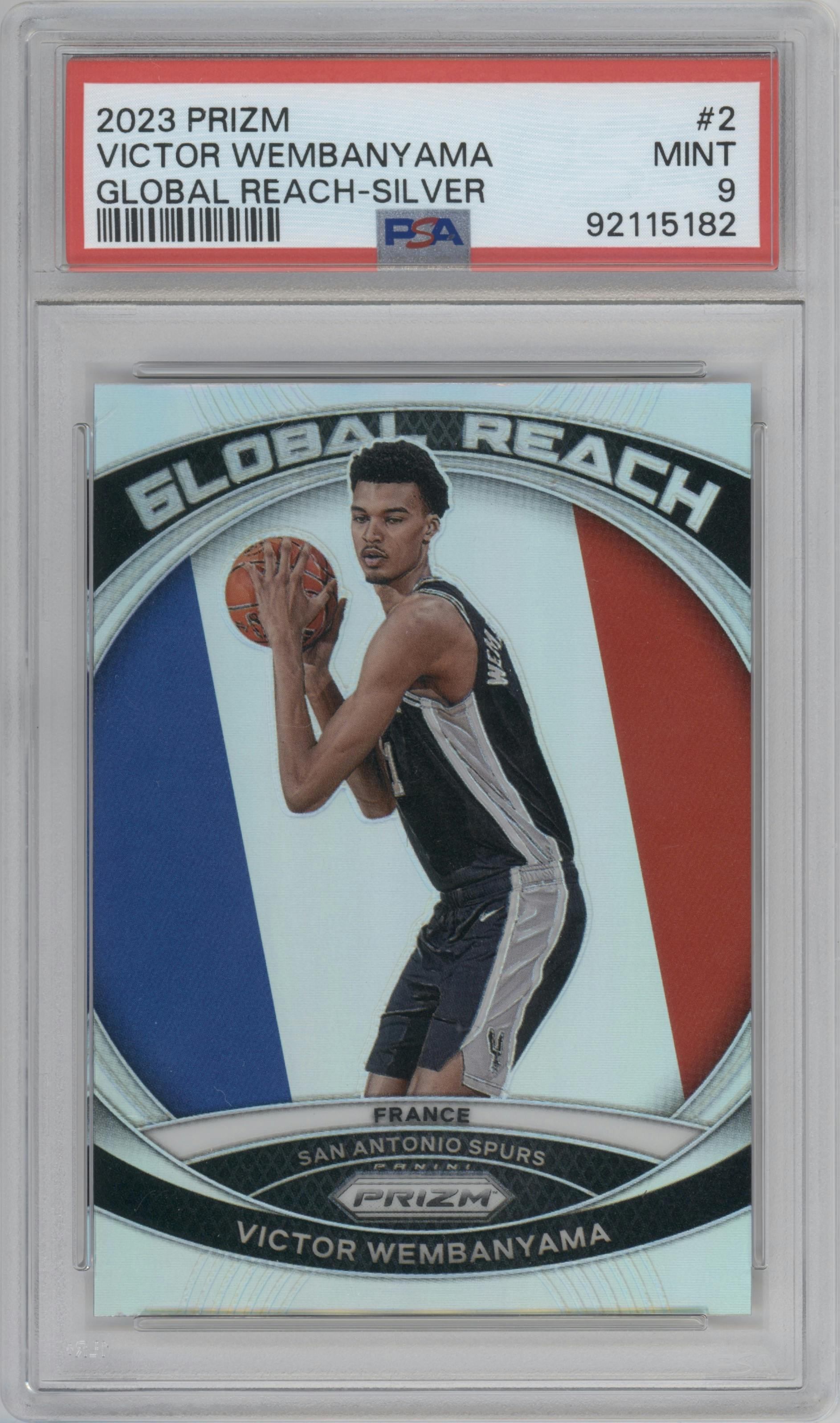 Victor Wembanyama from the 2023-24 Panini Prizm set featuring a Silver Prizm parallel graded by PSA and given an overall grade of 9.