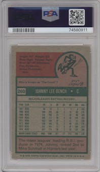 Johnny Bench from the 1975 Topps set graded by PSA and given an overall grade of 6.