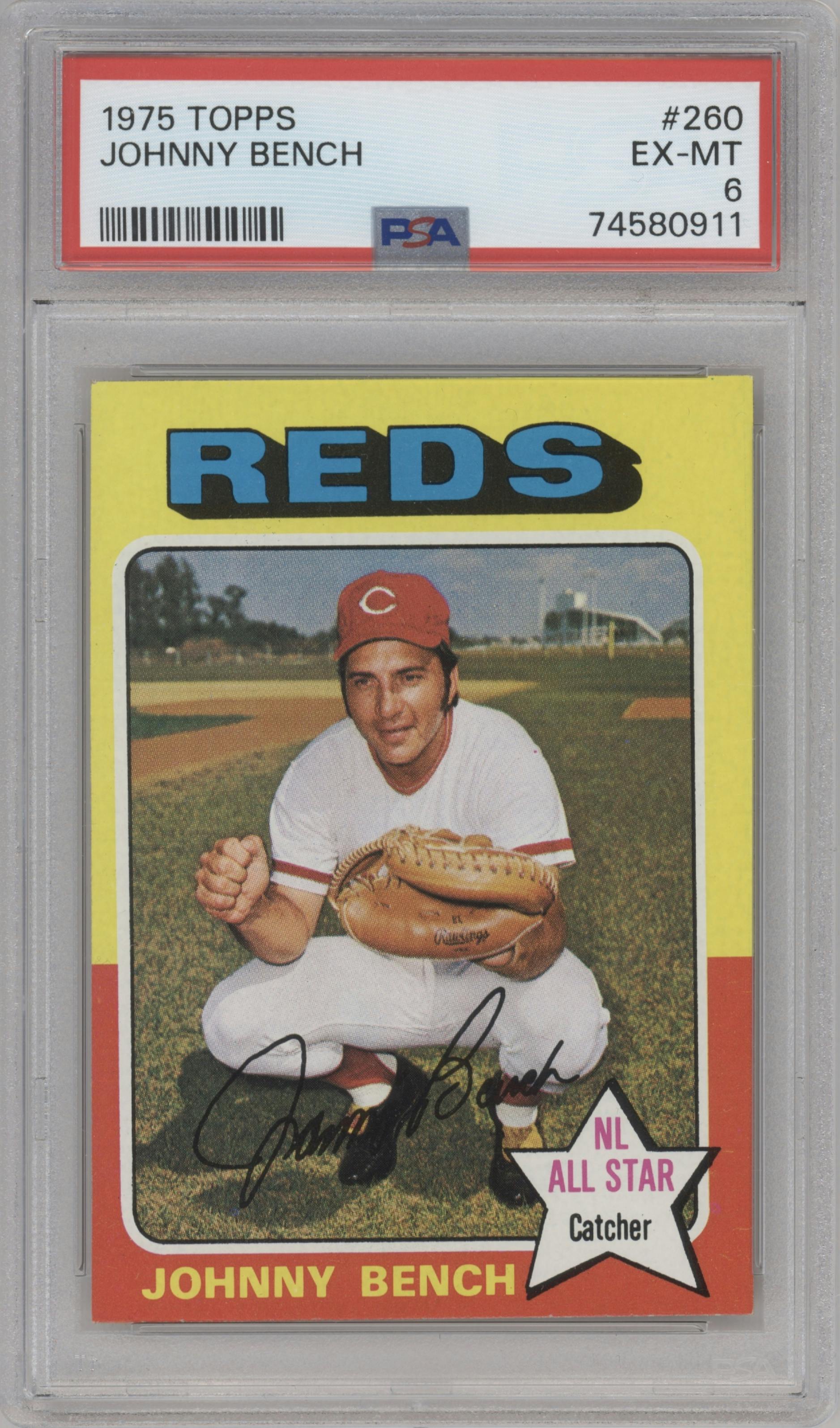 Johnny Bench from the 1975 Topps set graded by PSA and given an overall grade of 6.