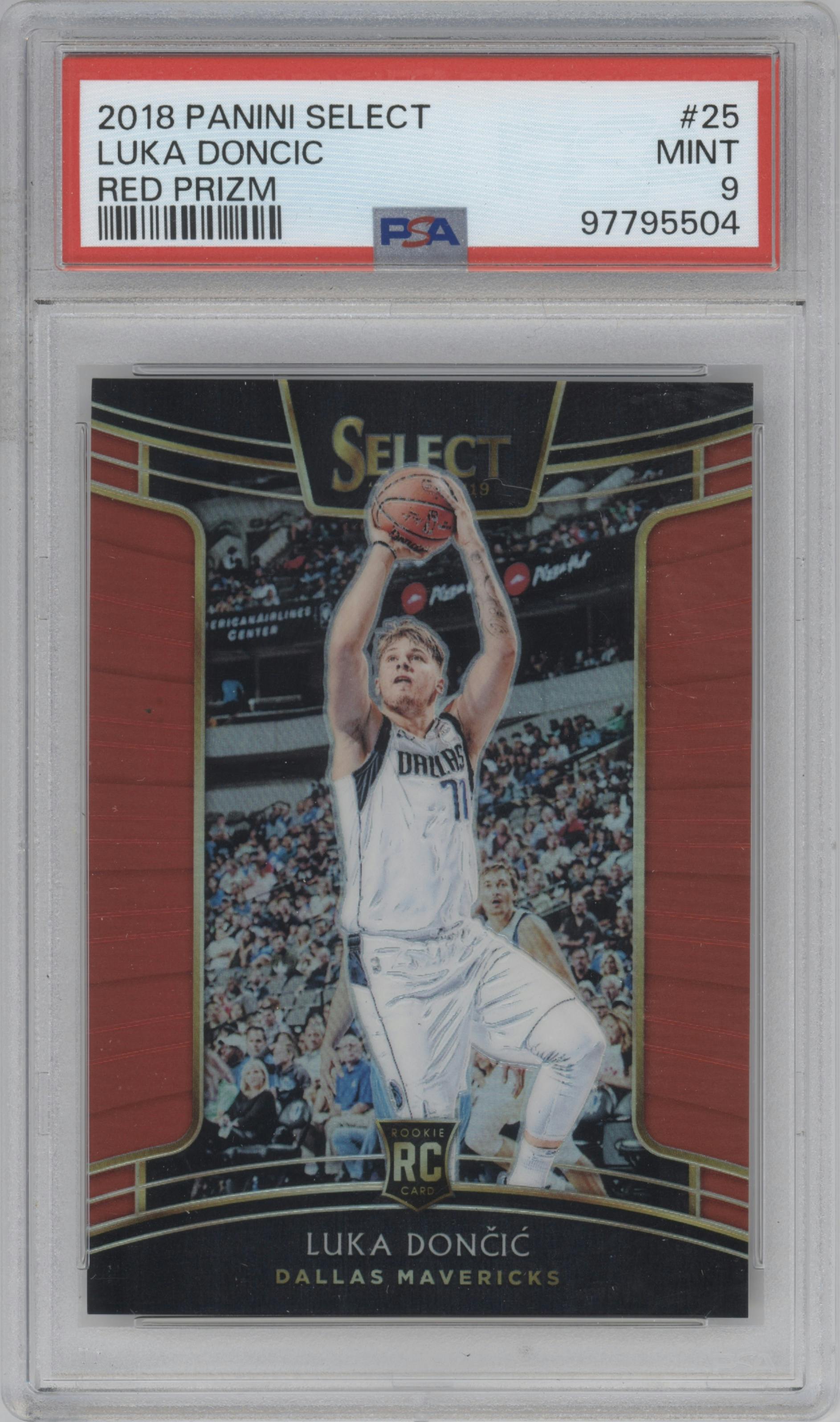 Luka Doncic from the 2018-19 Panini Select  set featuring a Red Prizm parallel graded by PSA and given an overall grade of 9.