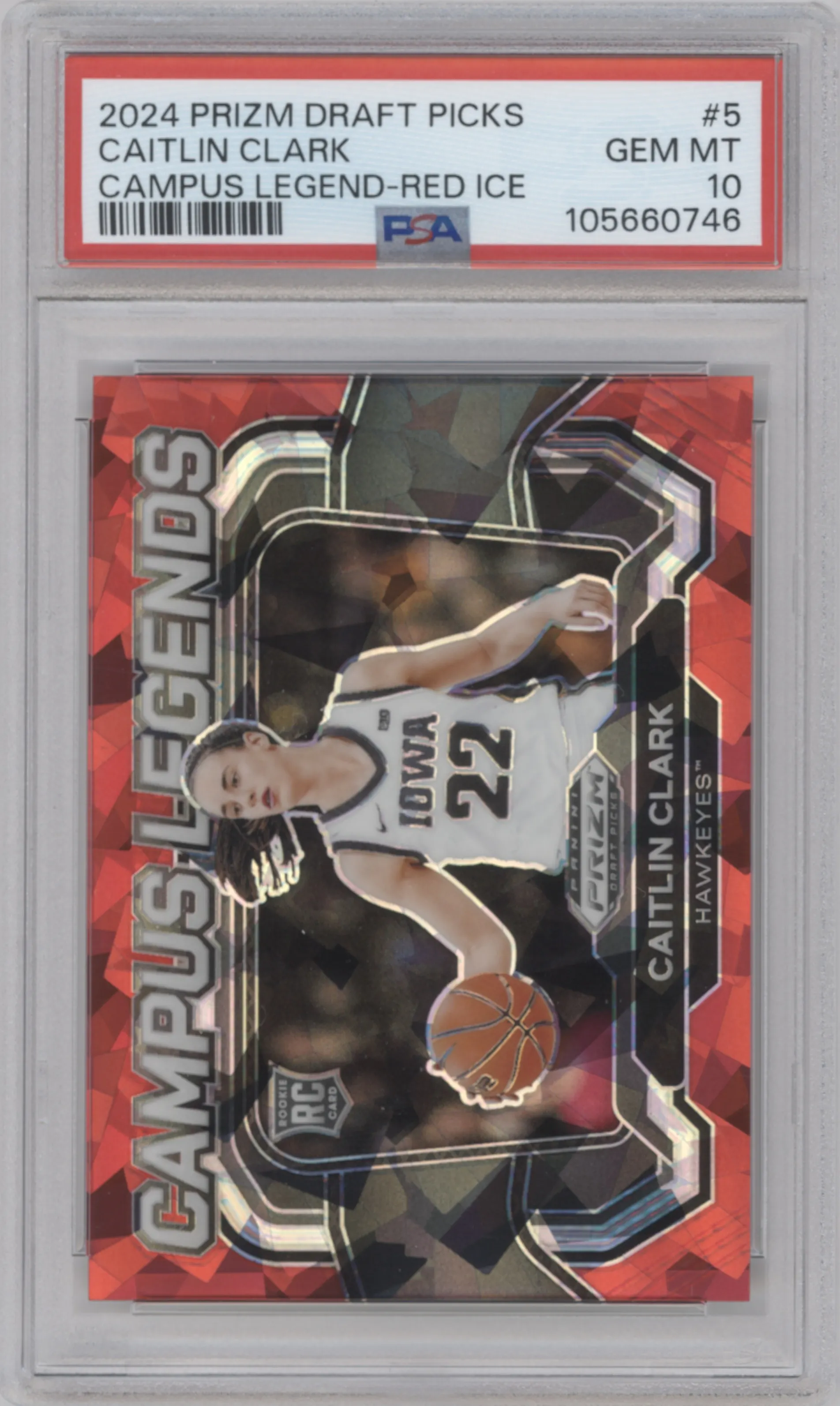 2024 Panini Prizm Draft Picks Campus Legends Caitlin Clark Red Ice #5 PSA 10