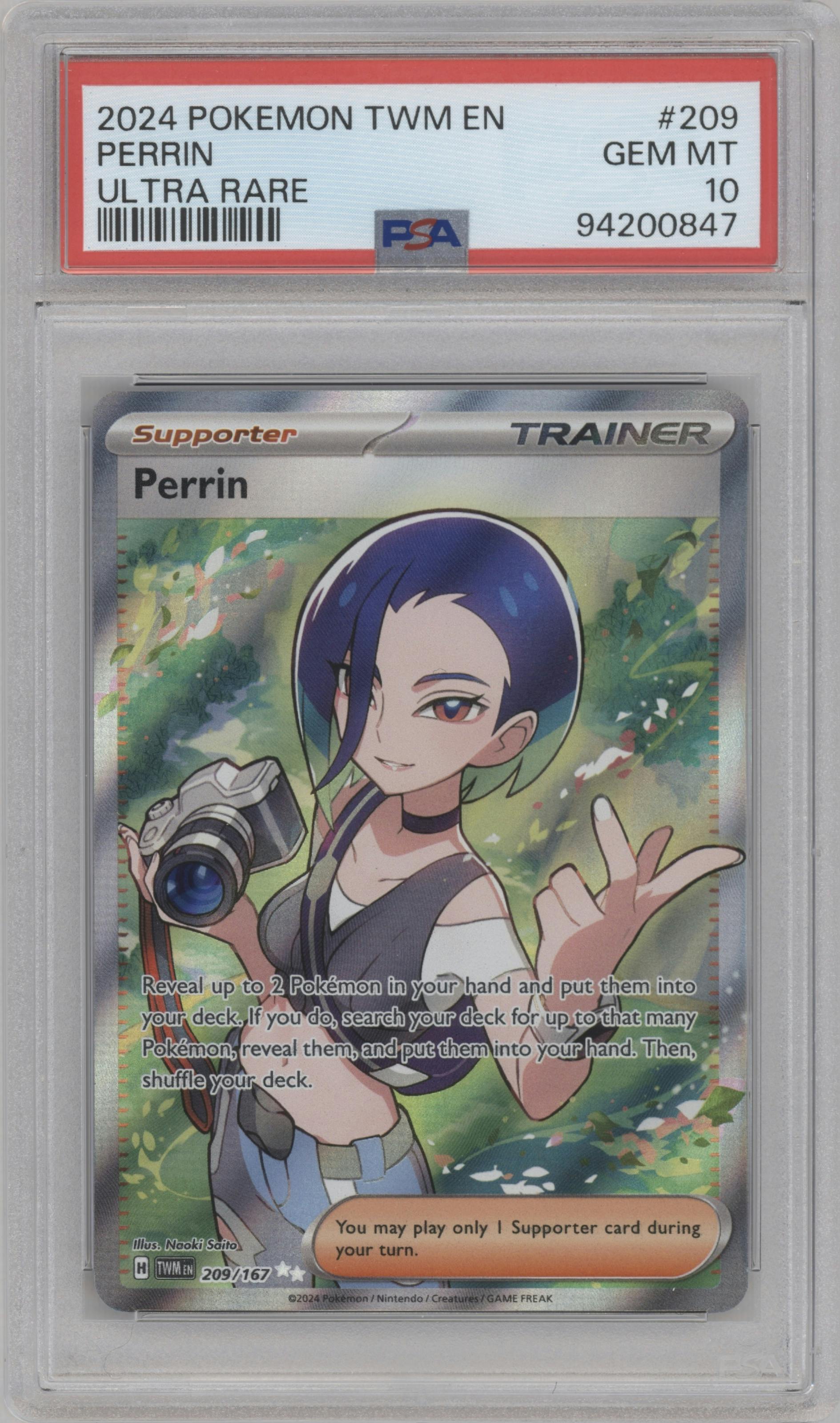 Perrin from the 2024 Pokemon SV set graded by PSA and given an overall grade of 10.