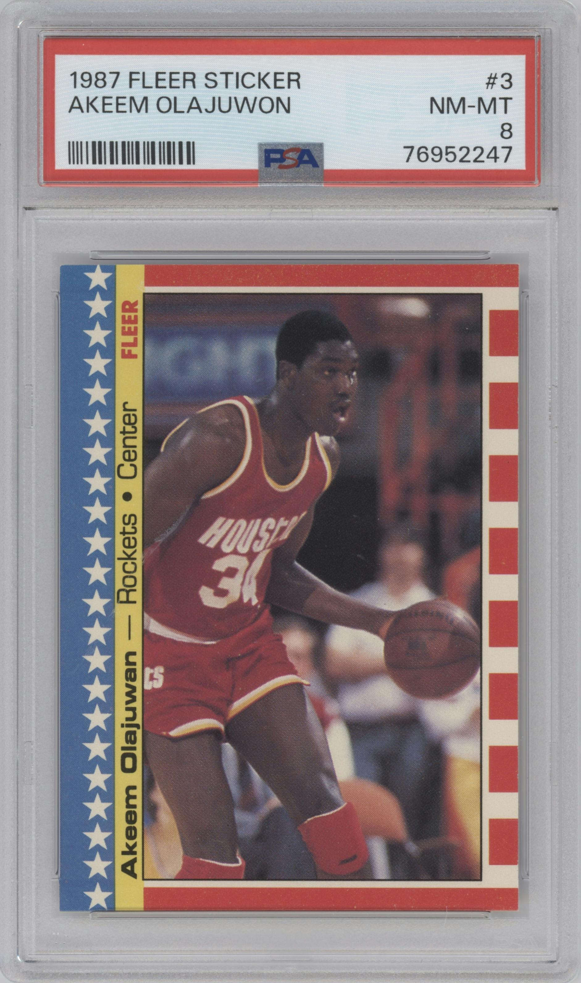 Akeem Olajuwon from the 1987-88 Fleer set graded by PSA and given an overall grade of 8.