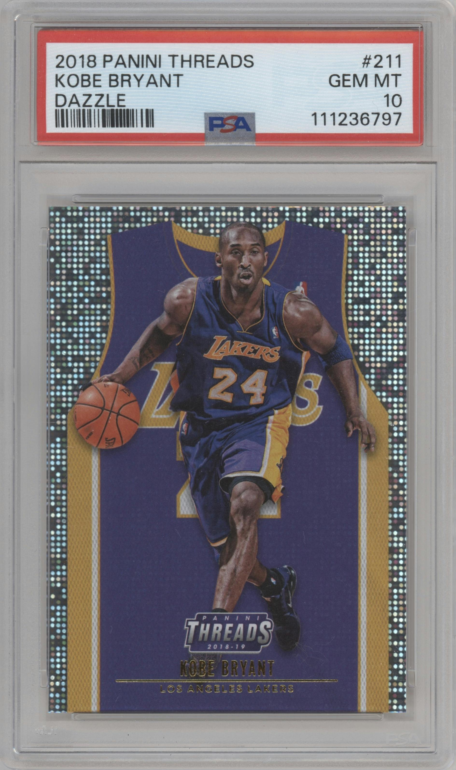 Kobe Bryant from the 2018-19 Panini Threads  set featuring a Dazzle parallel graded by PSA and given an overall grade of 10.