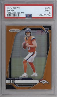 Bo Nix from the 2024 Panini Prizm set featuring a Orange Prizm parallel graded by PSA and given an overall grade of 9.