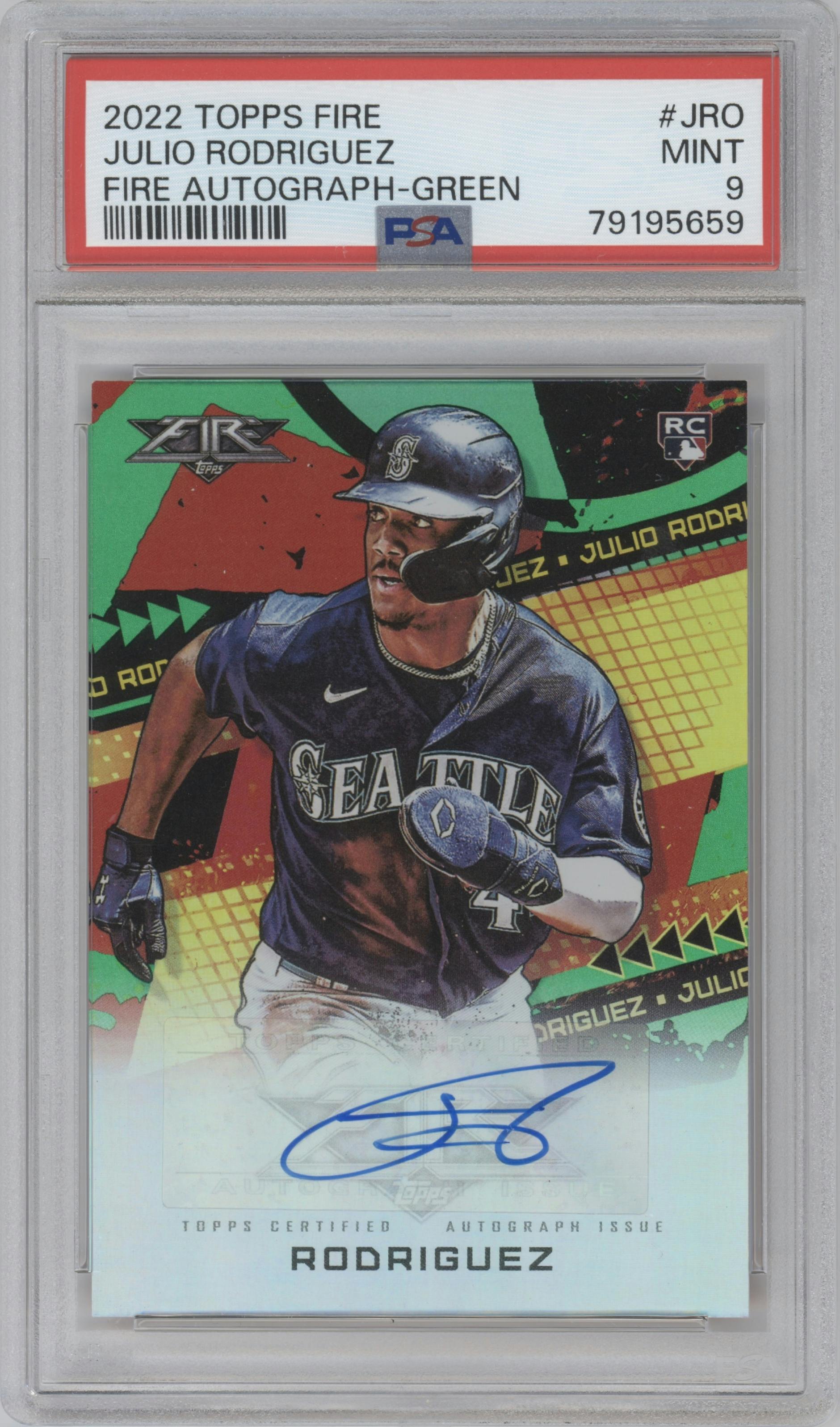 Julio Rodriguez from the 2022 Topps Fire  set featuring a Green parallel graded by PSA and given an overall grade of 9.