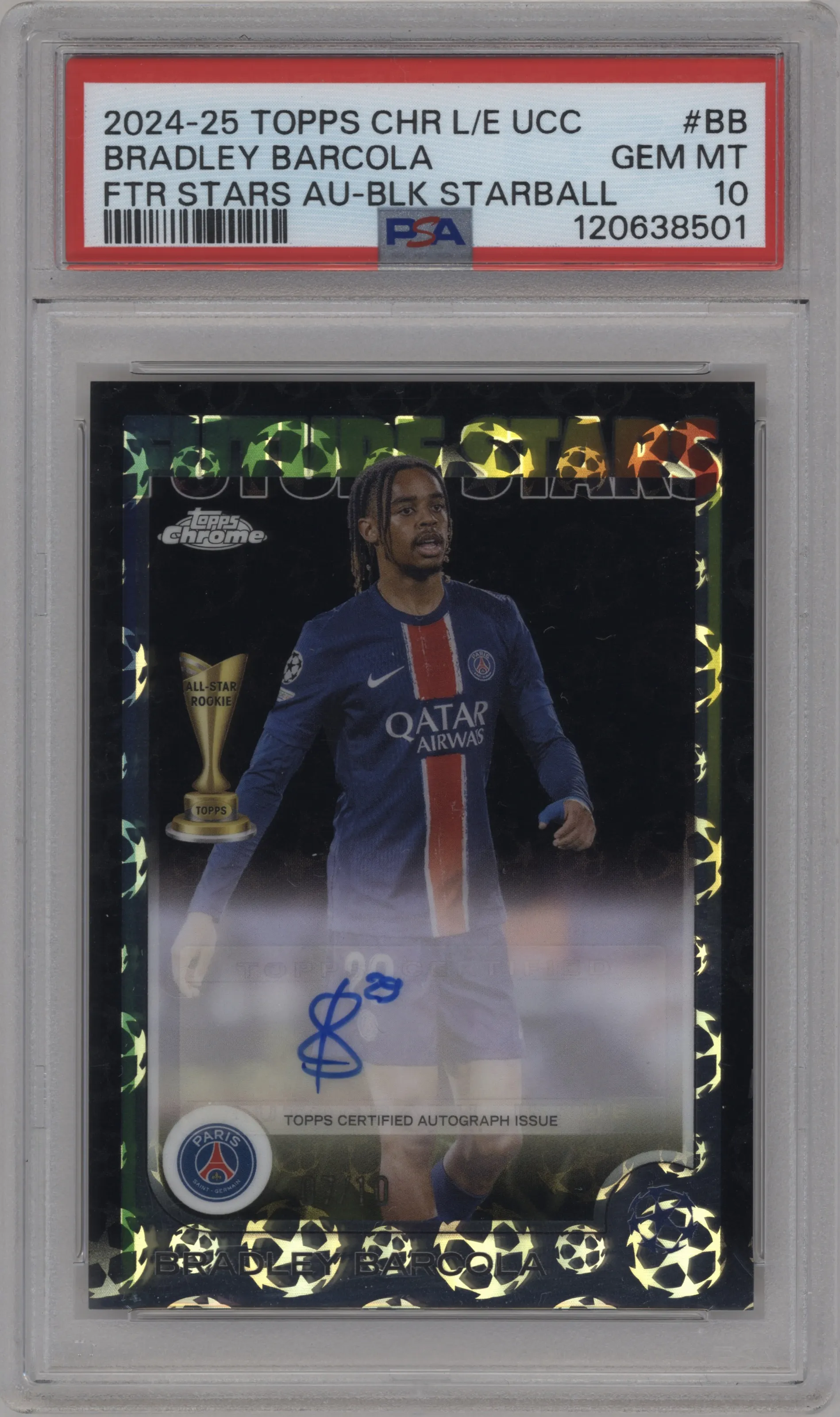 2024 Topps Chrome UEFA Club Competitions Future Stars Au. Bradley Barcola Black PSA 10