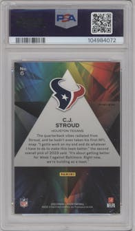 C.J. Stroud from the 2023 Panini Prizm set featuring a No Huddle parallel graded by PSA and given an overall grade of 10.