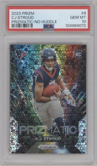 C.J. Stroud from the 2023 Panini Prizm set featuring a No Huddle parallel graded by PSA and given an overall grade of 10.