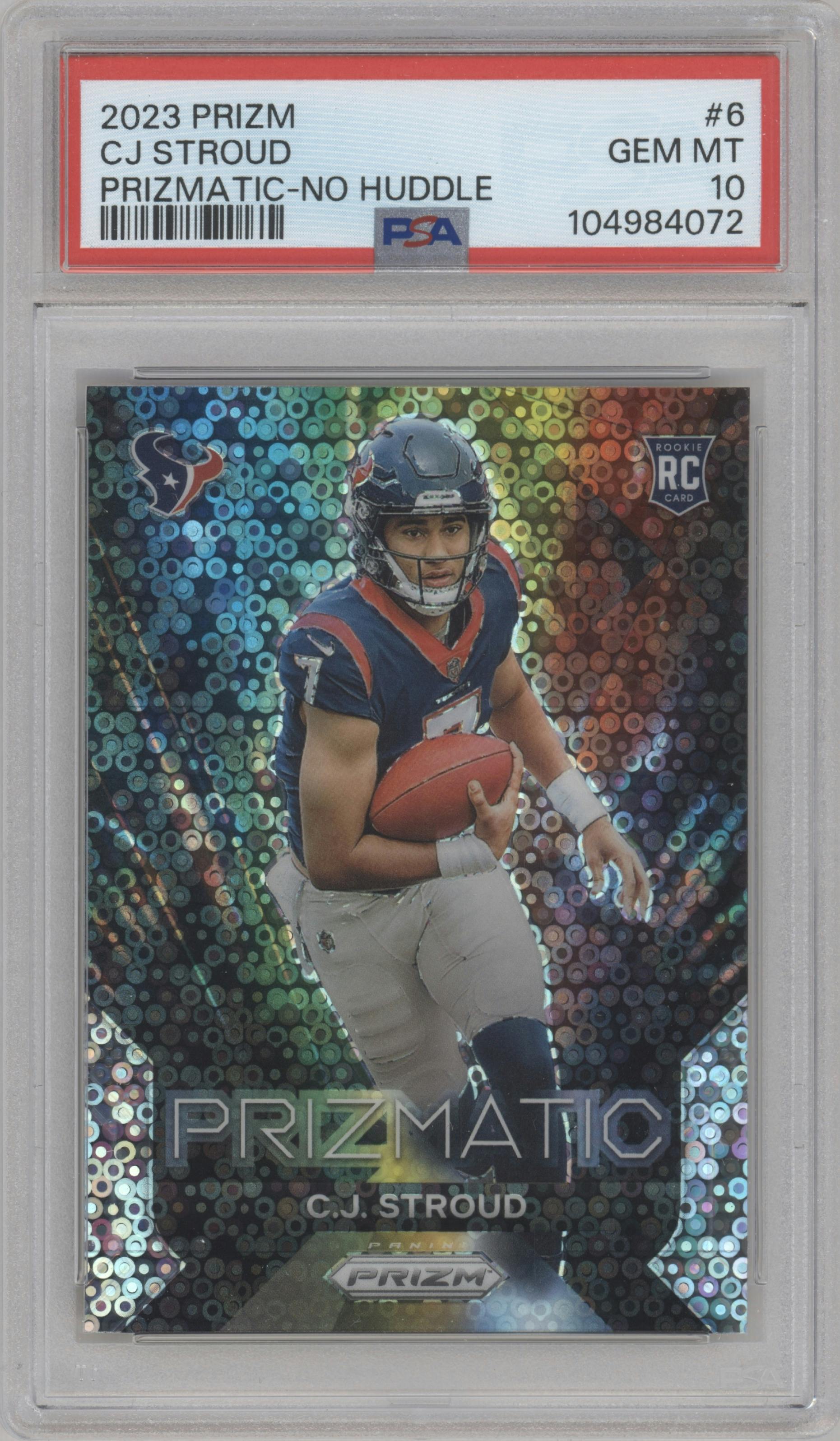 C.J. Stroud from the 2023 Panini Prizm set featuring a No Huddle parallel graded by PSA and given an overall grade of 10.